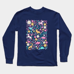 Floral Burst of Dinosaurs and Unicorns in Neon Long Sleeve T-Shirt